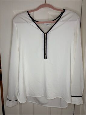 Calvin Klein White Long Sleeve Blouse with Black Trim and Front Zip